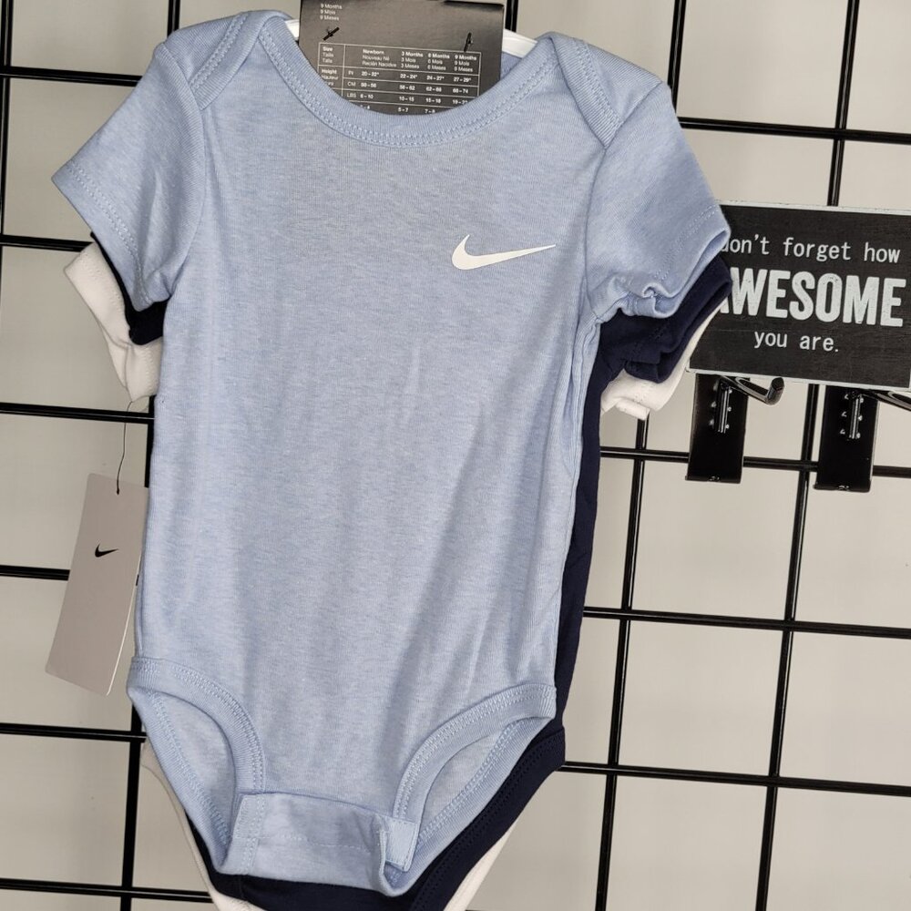 Nike Baby 3-Pack Bodysuits - Navy, Light Blue, & White - Soft & Sporty Essential